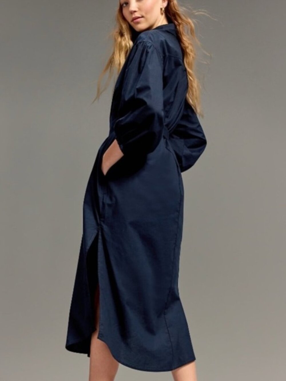 Old Navy x Christopher John Rogers Maxi Shirt Dress Poplin Cotton Navy Blue NWT - Picture 3 of 11